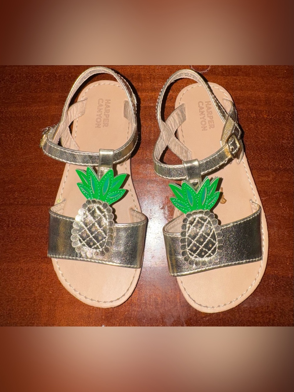 Harper Canyon Metallic Gold Kids Sandals with Green Pineapple Accent